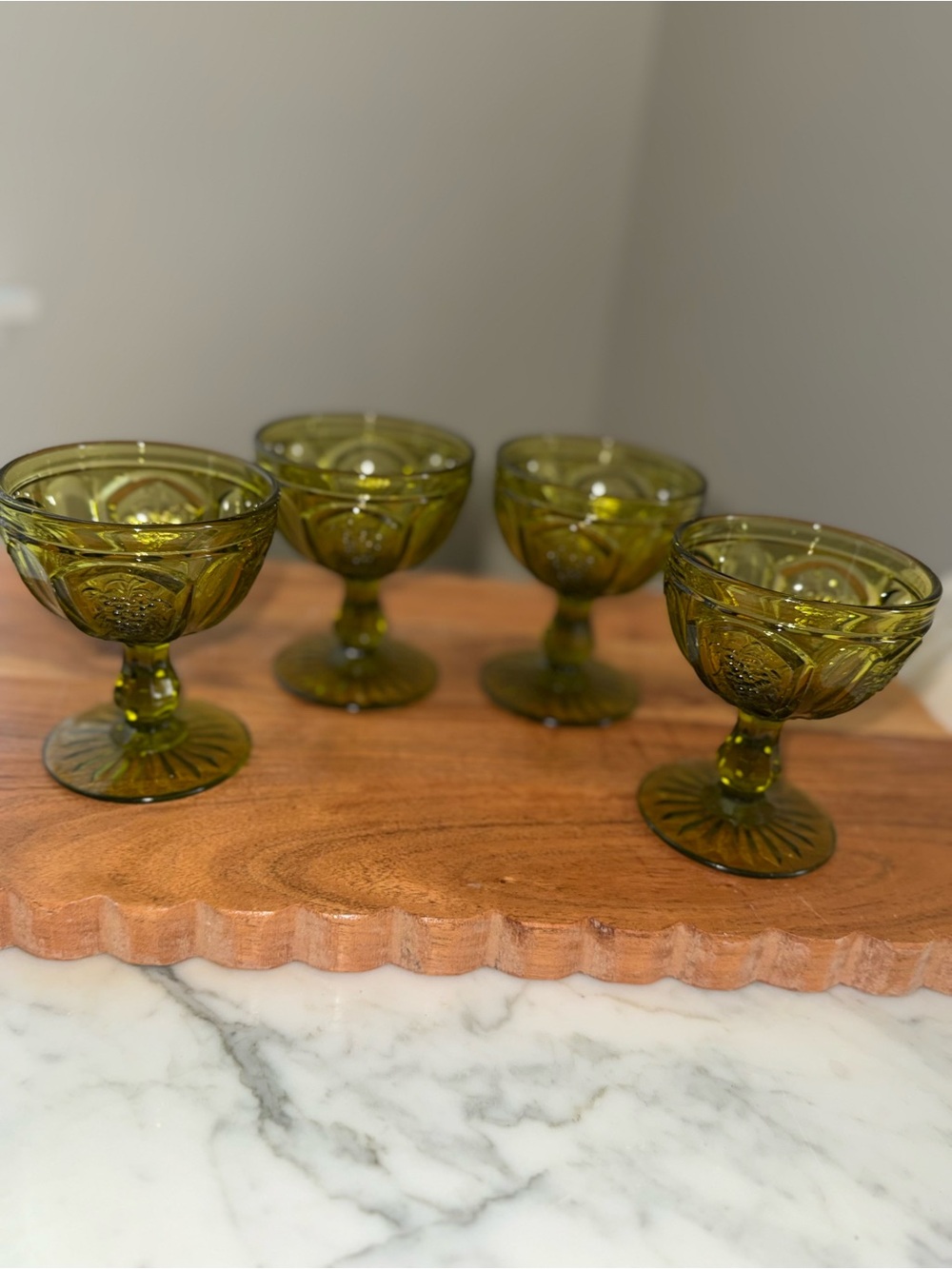 Green Pressed Glass Dessert Goblets - Set of 4